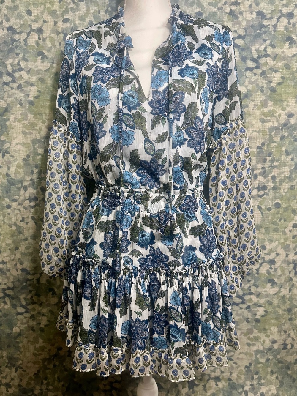 MISA Los Angeles Blue Floral Metallic Thread Tiered Mini Dress XS